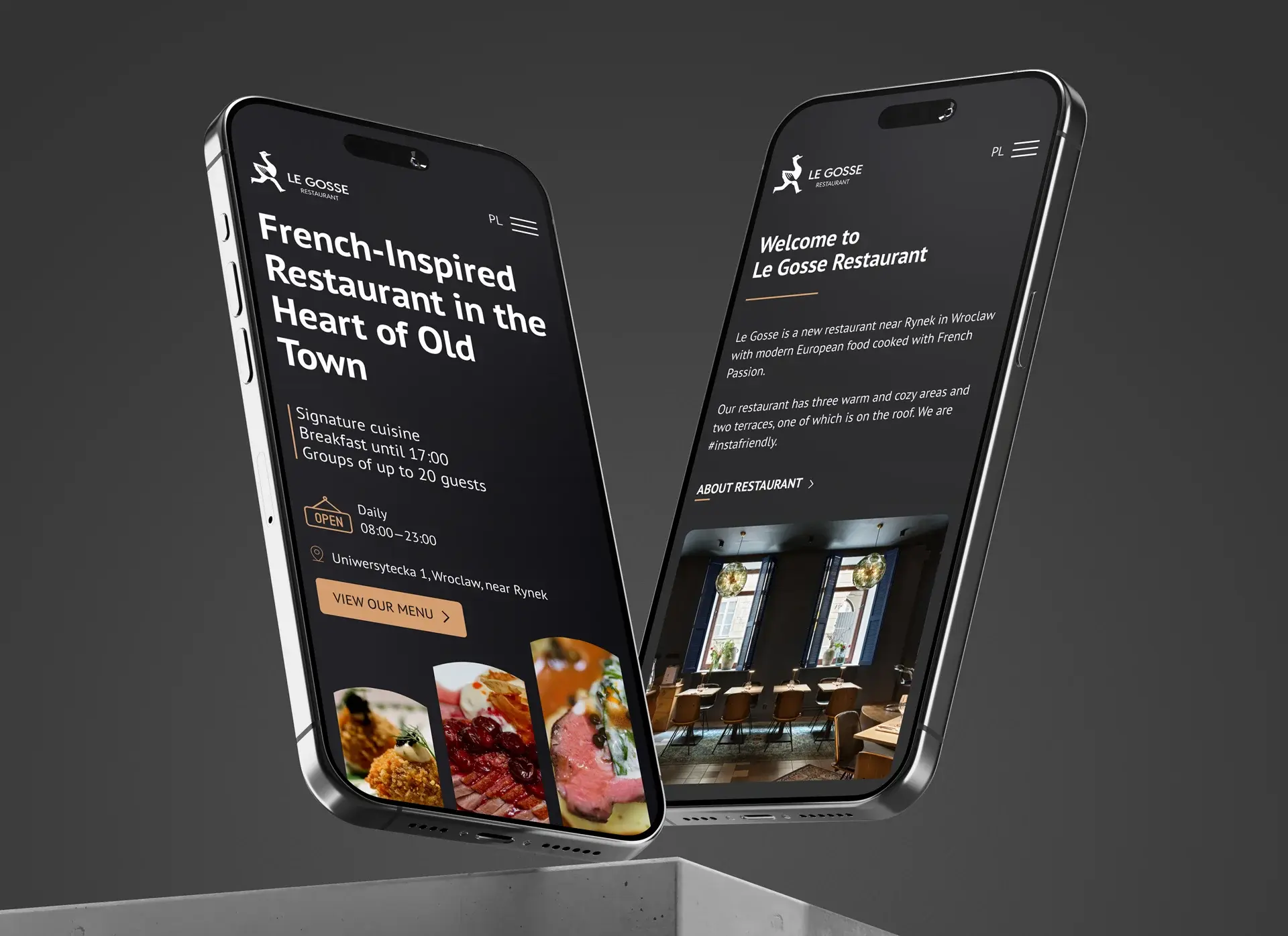 Mobile screens showcasing a website layout for a French restaurant