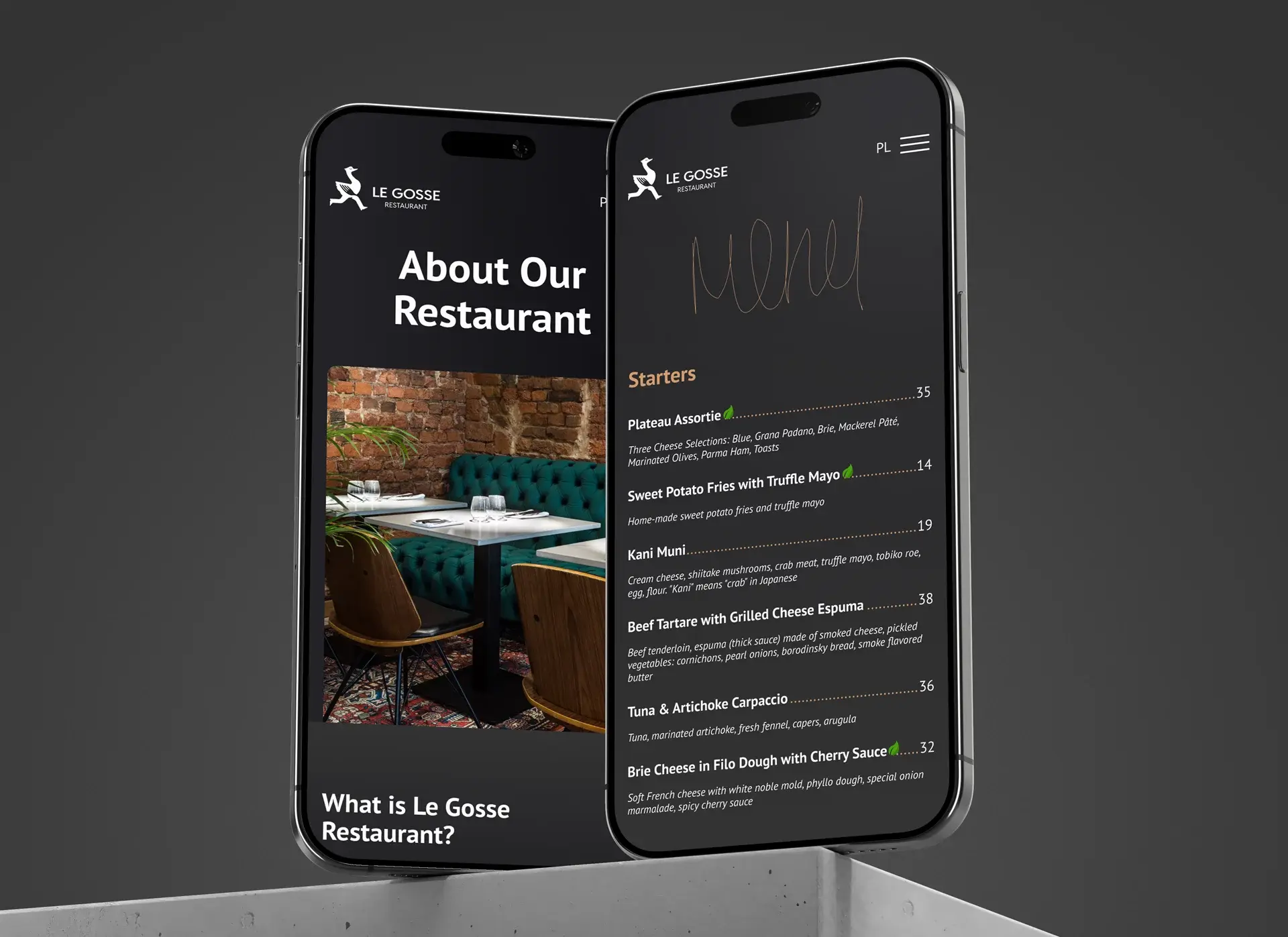 Mobile screens showcasing a website layout for a French restaurant