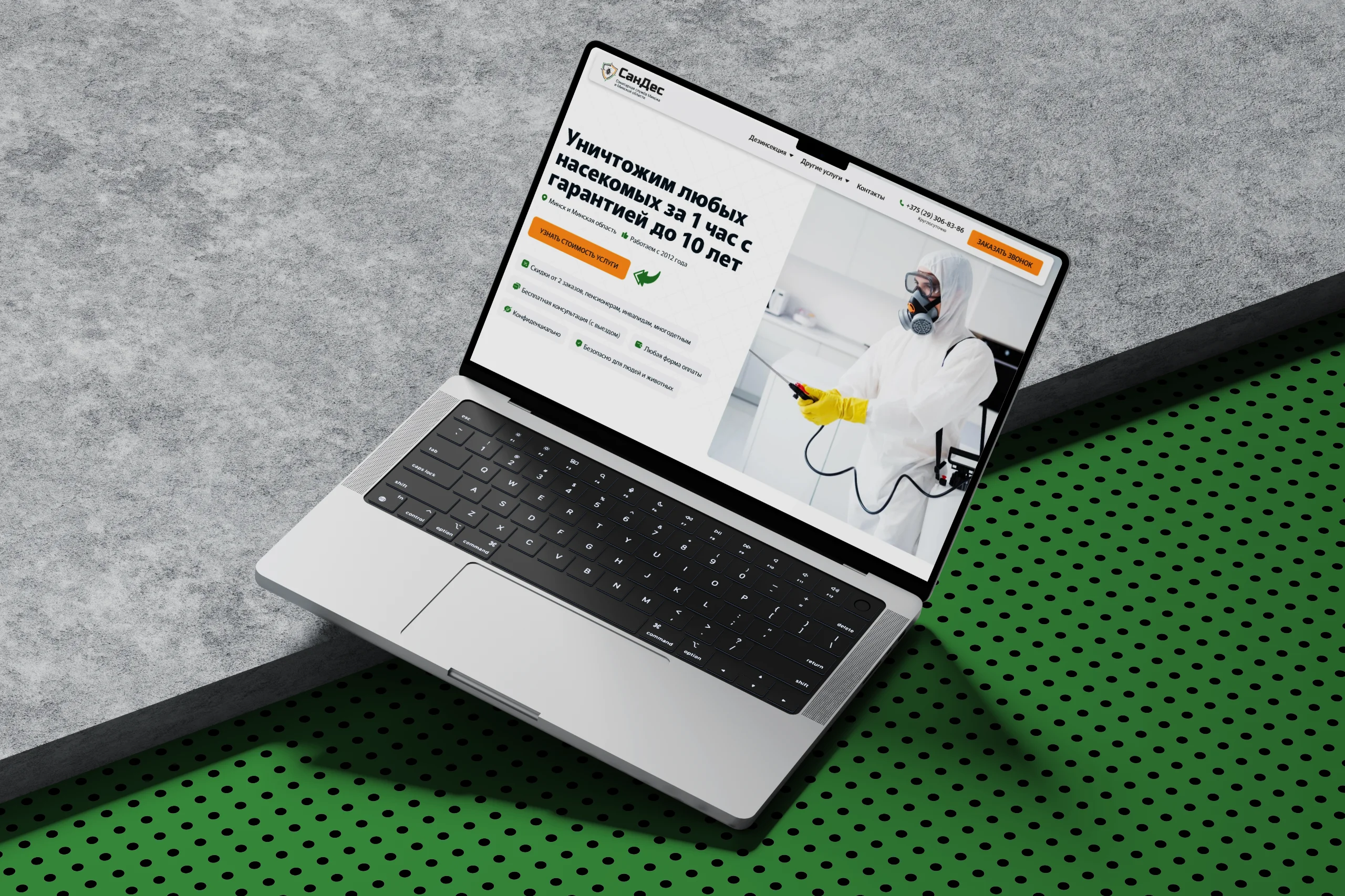 Pest control website hero section featured on a laptop display.