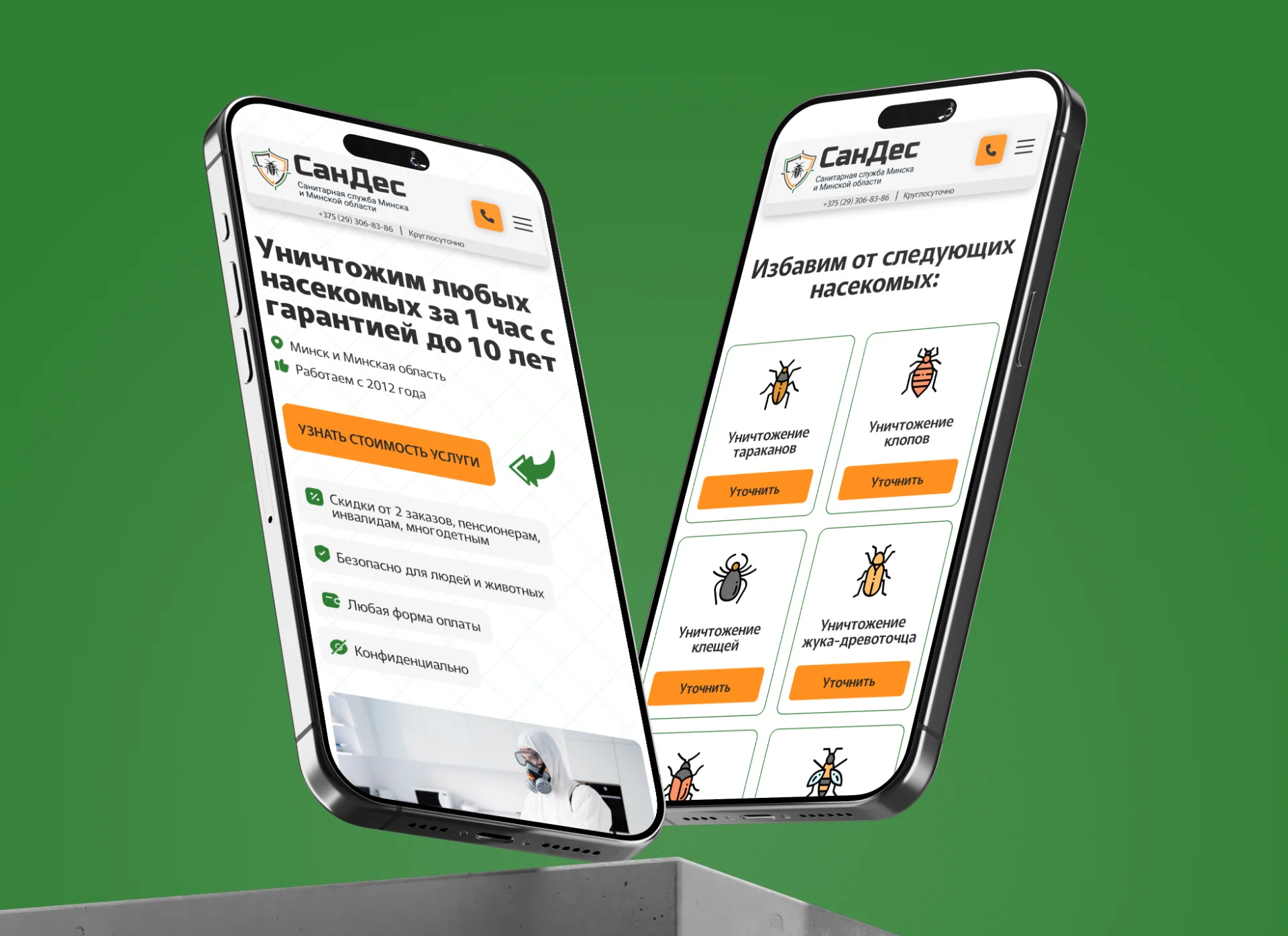 Mobile screens showcasing a website layout for a pest control service
