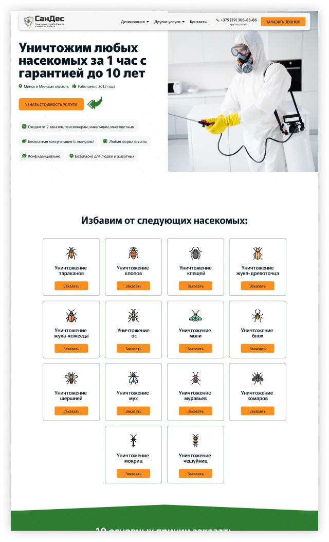 Top section of the homepage design for a pest control website, featuring the hero banner