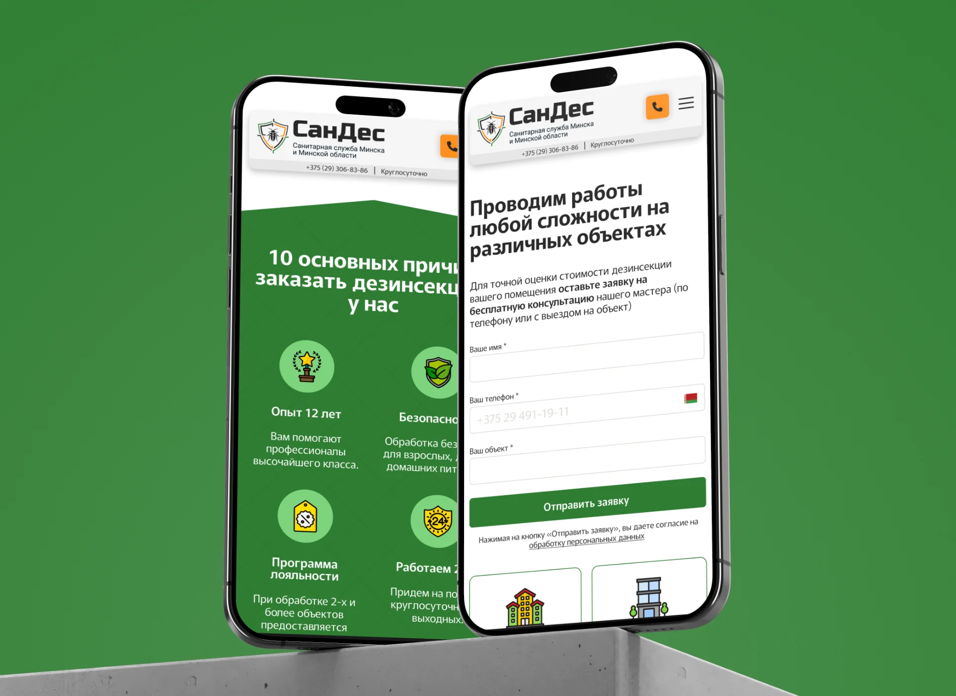 Mobile screens showcasing a website layout for a pest control service