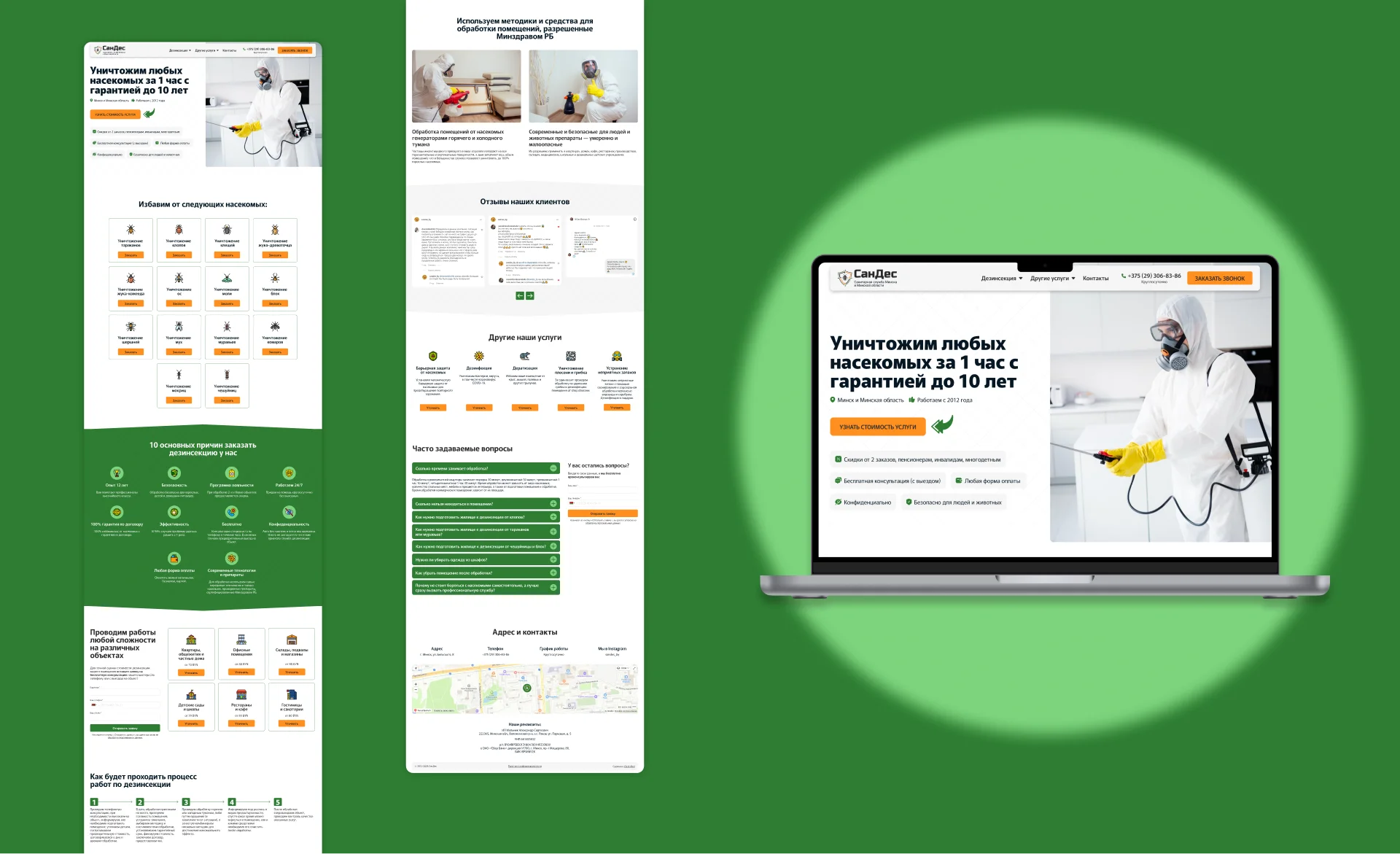 Showcase of key sections from a pest control website design